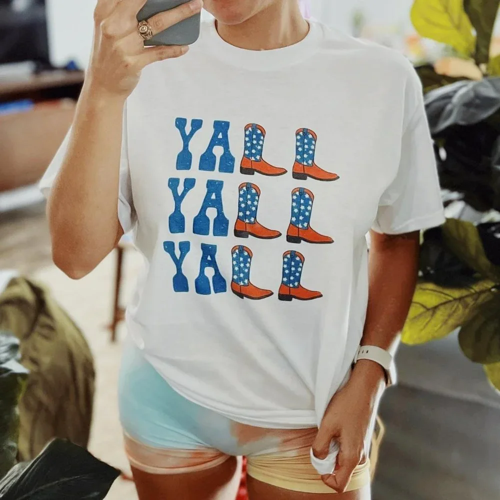 Fourth of July Yall Yall Yall Cowboy Cowgirl Boots Western t shirt Plus Size - Picture 1 of 3